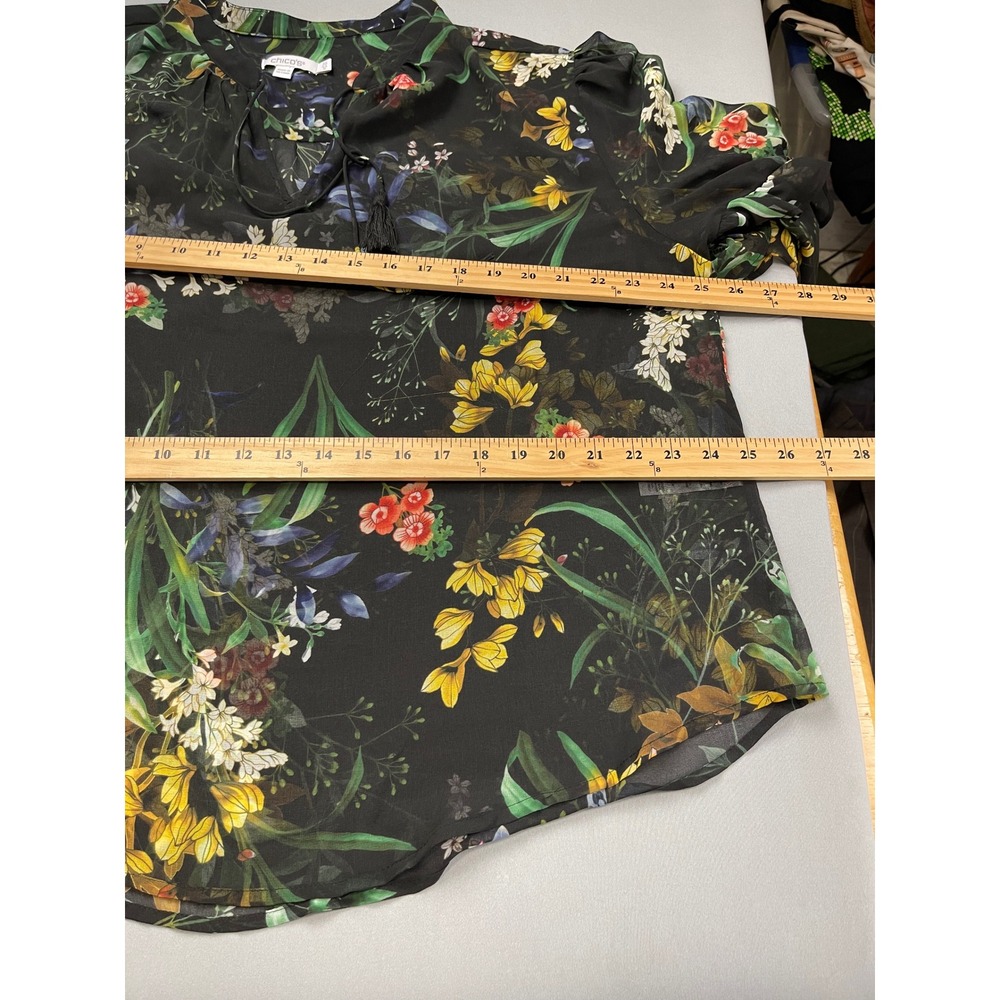 Chicos Black Floral Chiffon Blouse Tassel Tie Ruffle Sleeve Top Size 3.5 US 18 - Picture 8 of 10